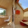 (left) a foldable workspace takes on multiple uses - (right) a sleeping area is optimal for stargazing with a space-expanding skylight