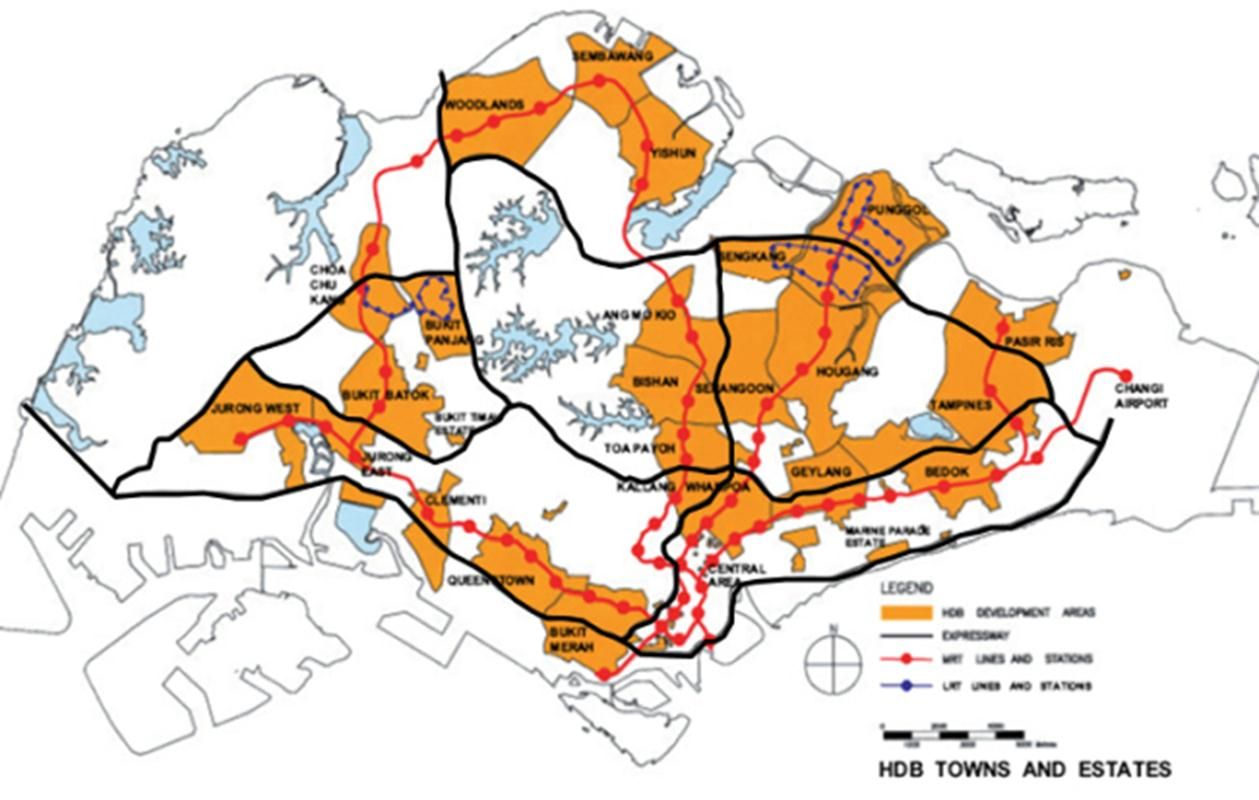 Các khu nhà ở HDB được phát triển dọc theo các hành lang giao thông công cộng (màu đỏ) đã được quy hoạch từ trước để cư dân (vốn thuộc nhóm có thu nhập thấp hơn trong xã hội) có để tiếp cận dịch vụ và việc làm dễ dàng.