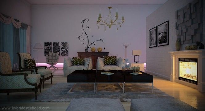 LED lit walls white pink yellow living room