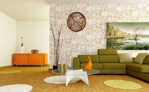Retro white orange green living room 665x412