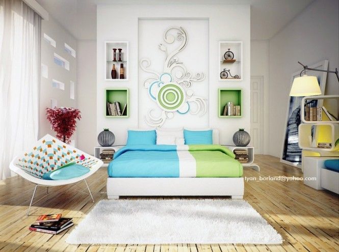 green blue white contemporary bedroom