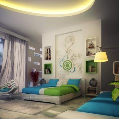 green blue white contemporary bedroom decor 665x498
