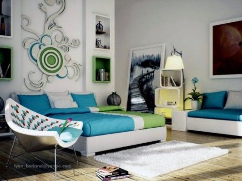 green blue white contemporary bedroom design 665x498