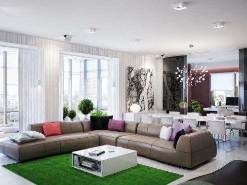 green brown living room L shaped sofa 665x500