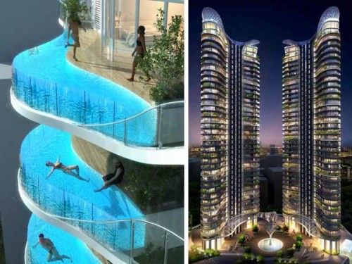 infinity pools in the balconies of mumbais aquaria grande residential towers