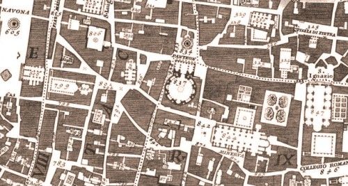 Hình 4: Một bản phóng lớn của bản đồ Nolli diễn tả khu vực đền Pantheon (837). (Nguồn: landlab.wordpress.com) 