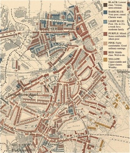 Hình 7: Một góc bản đồ khảo sát mức sống tại London do Charles Booth thực hiện vào cuối thế kỷ 19. (Nguồn: booth.lse.ac.uk) 