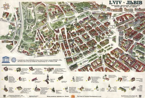 Bản vẽ LVIV ( Ucrina )TP danh sách di sản UNESCO – bản đồ du lịch thể hiện khu trung tâm TP , xác định  vị trí và đặc tả  25 công trình di sản văn hóa lịch sử kiến trúc
