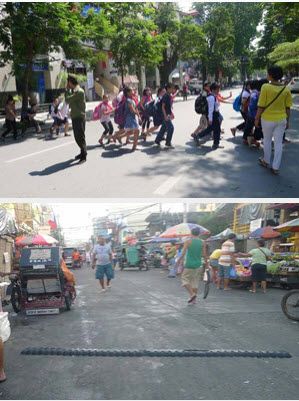 Tại Hà Nội 2014 , cô giáo và nhân viên trật tự chặn xe cơ giới để học sinh đi bộ qua đường. Còn tại khu phố chợ Manila 2012 ( Philippines) , người dân dùng lốp cao su làm lằn giảm tốc
