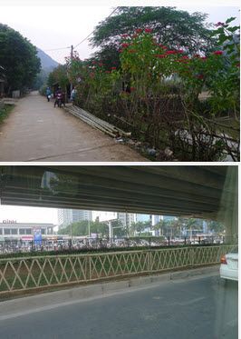 Hàng rào tre + cây hoa ở bản Lác ( Hòa Bình) và trên đường vành đai 3 Hà Nội : rẻ tiền, dễ làm và rất phù hợp trong việc phân giới bảo vệ lối đi bộ an toàn trong thành phố.