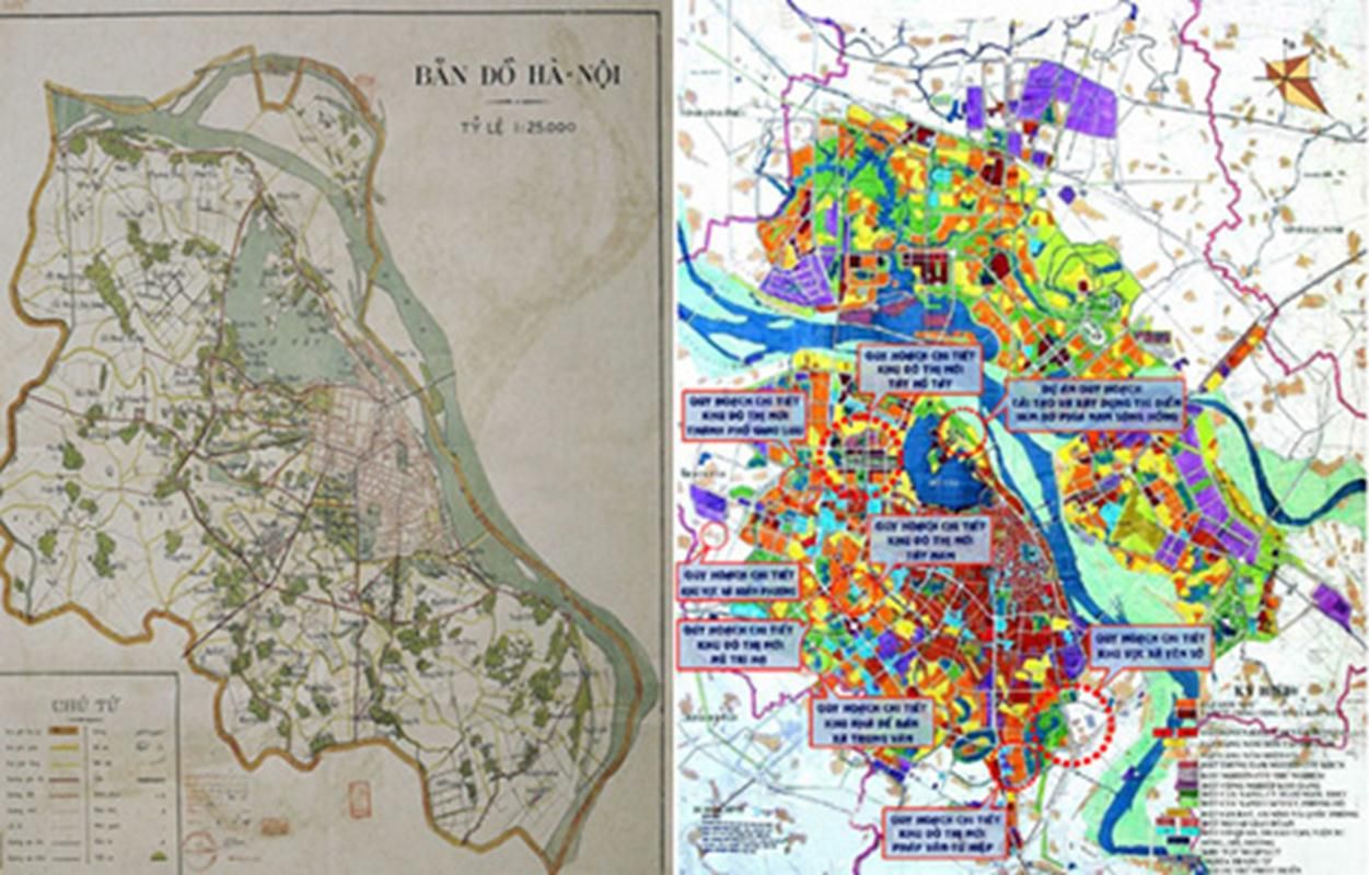Bản đồ Hà Nội năm 1955, khi ấy nội thành 12,2Km2 , nửa triệu người và có 16.000 cây.  Năm2008 , nội thành rộng gấp 10 lần1955 , dân số gấp 4 lần 1955 , có 44.225 cây (gấp 2,6 lần)