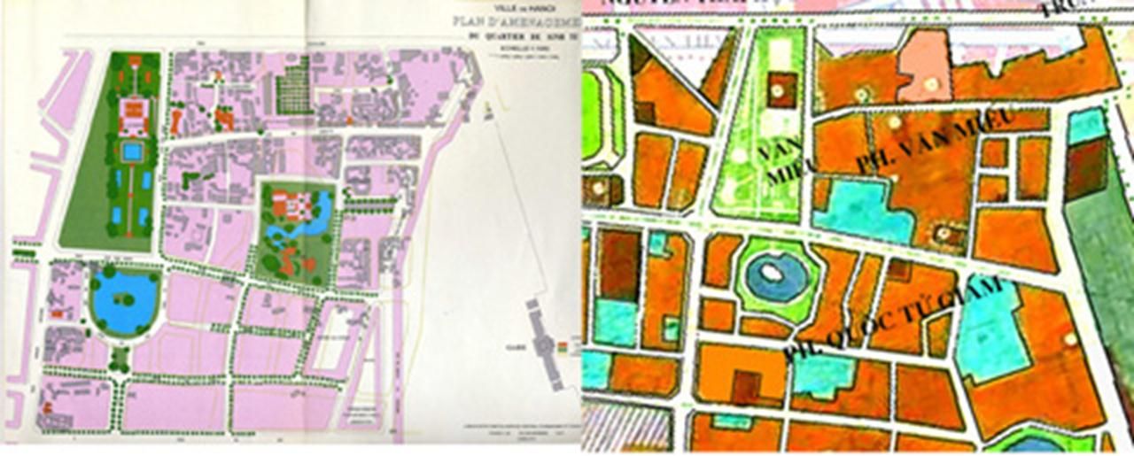 Bản thiết kế Quy hoạch cùng một khu vưc quanh Văn Miếu năm 1943 và năm 2005