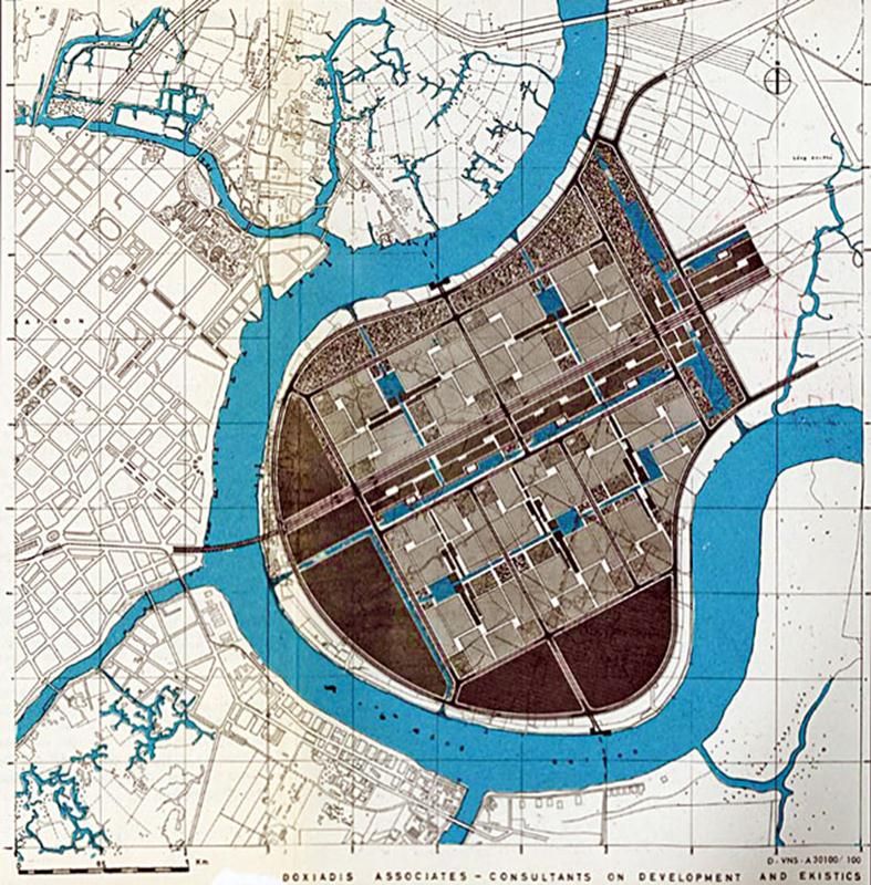 Thiết kế khu đô thị mới Thủ Thiêm của công ty tư vấn Doxiadis Associates. Nguồn: Doxiadis Associates (1965)
