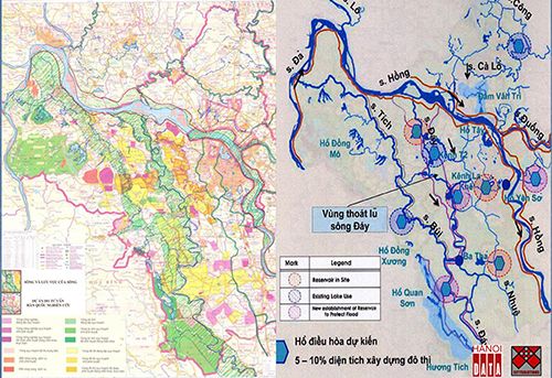 H2: Giao đất trong hành lang thoát lũ để lập dự án BĐS trước 2008 và Sơ đồ vị trí( rất mơ hồ ) các hồ điều hòa, vùng thoát lũ trong Quy hoạch chung Hà Nội 2030.
