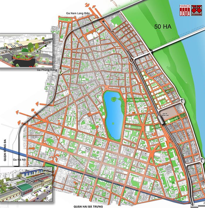 Vị trí Ga C9 trong tổng thể 3 tuyến đường sắt đô thị đi qua quận Hoàn Kiếm do Citysolution đề xuất mở thông 7 đường từ trong phố ra ngoài đê Sông Hồng, tăng giá trị 70 ha đất ngoài đê lên, giải phóng áp lực với khu vực phụ cận Hồ Gươm.