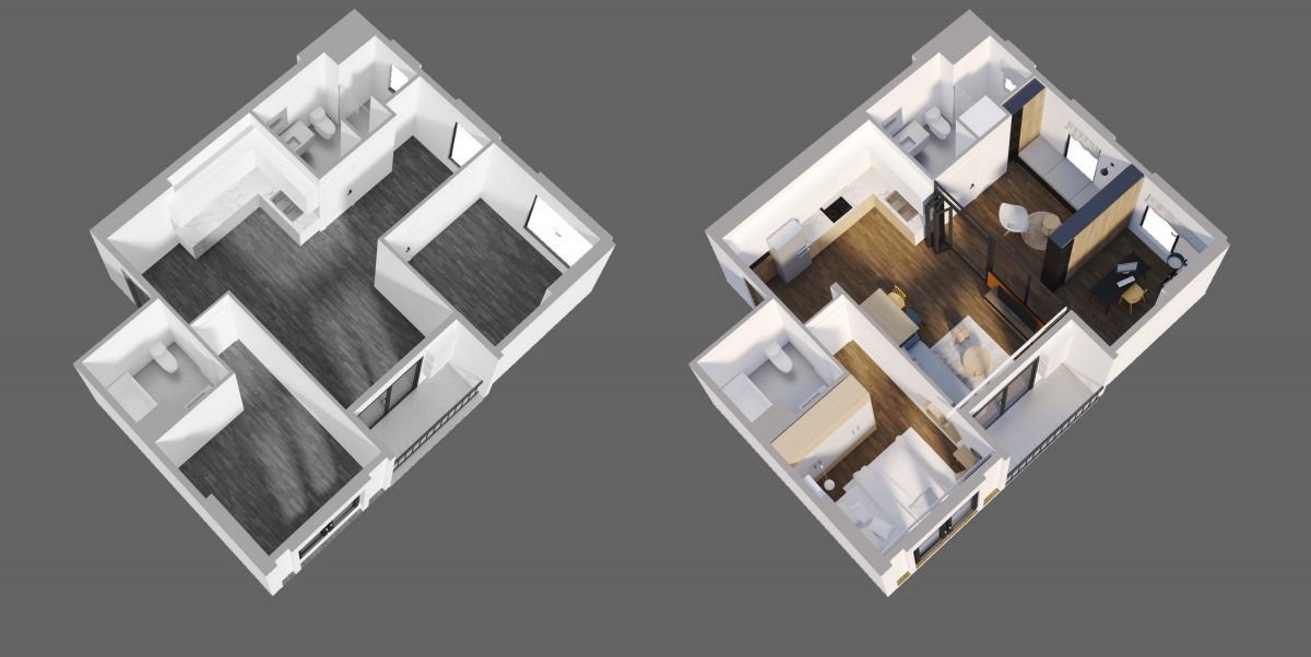 Hình ảnh minh họa trước và sau cải tạo của căn hộ.