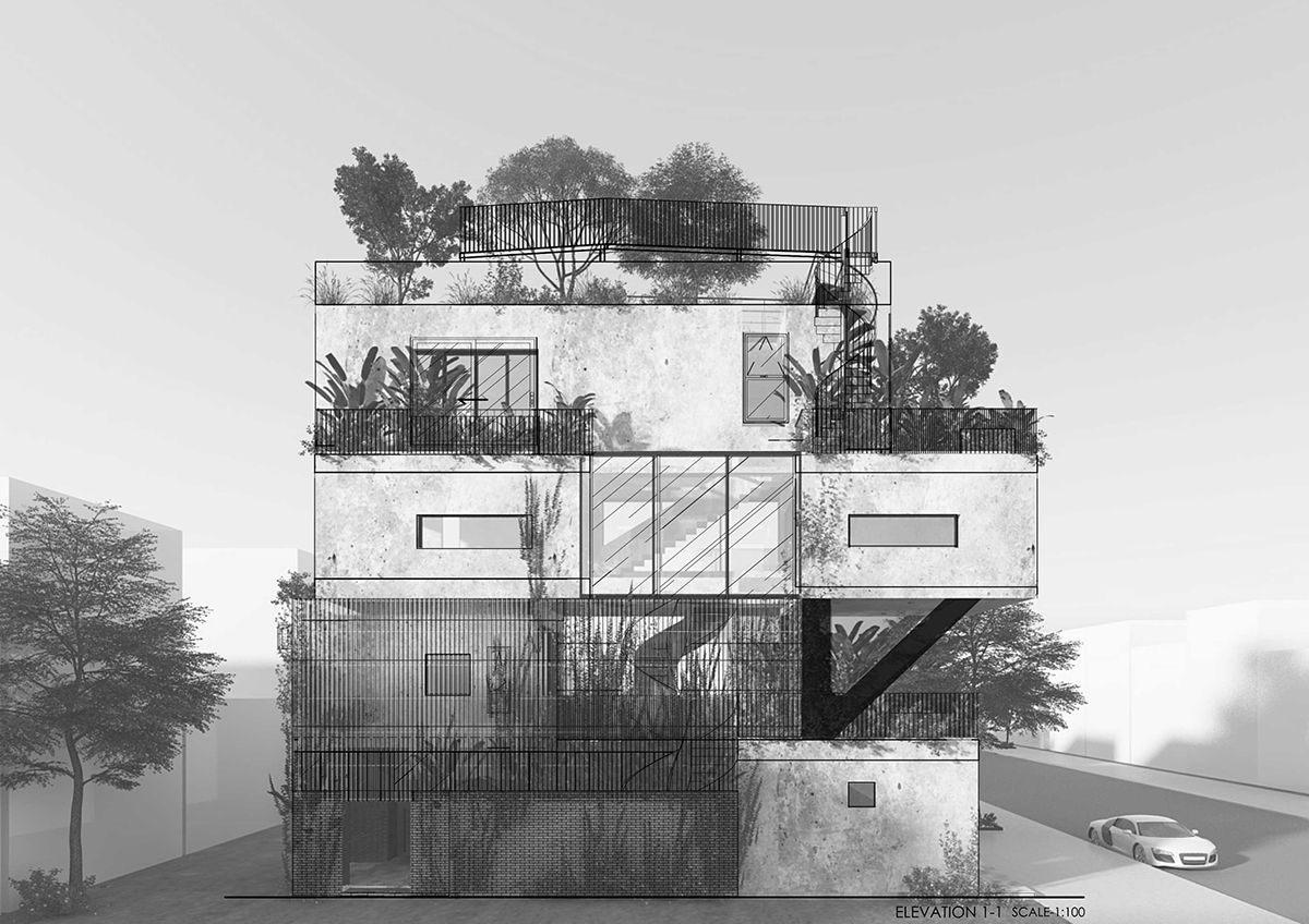 elevation - The Concrete House 01 / Ho Khue Architects: Ngôi nhà 4 tầng với diện tích lô 5m x 16m