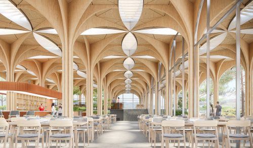 Nhà hàng chay với mái bằng gỗ rực sắc hoa giấy | VHA Architects
