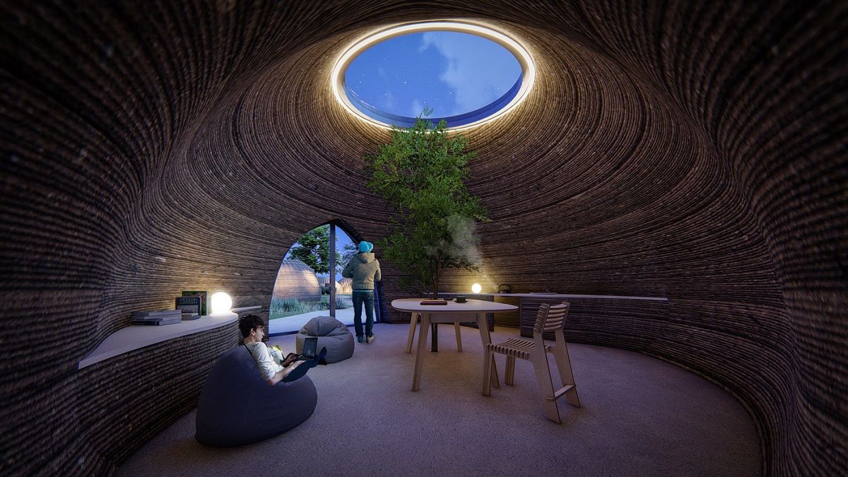 Tecla 3d printed earth house by Crane WASP living night