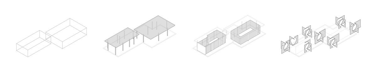 图11 建筑生成过程：1.两个体量置入，分别为茶饮空间和活动空间 2.钢结构柱网结构体系 3.透明玻璃界面 4.置入由屏形成的关节部分。 1