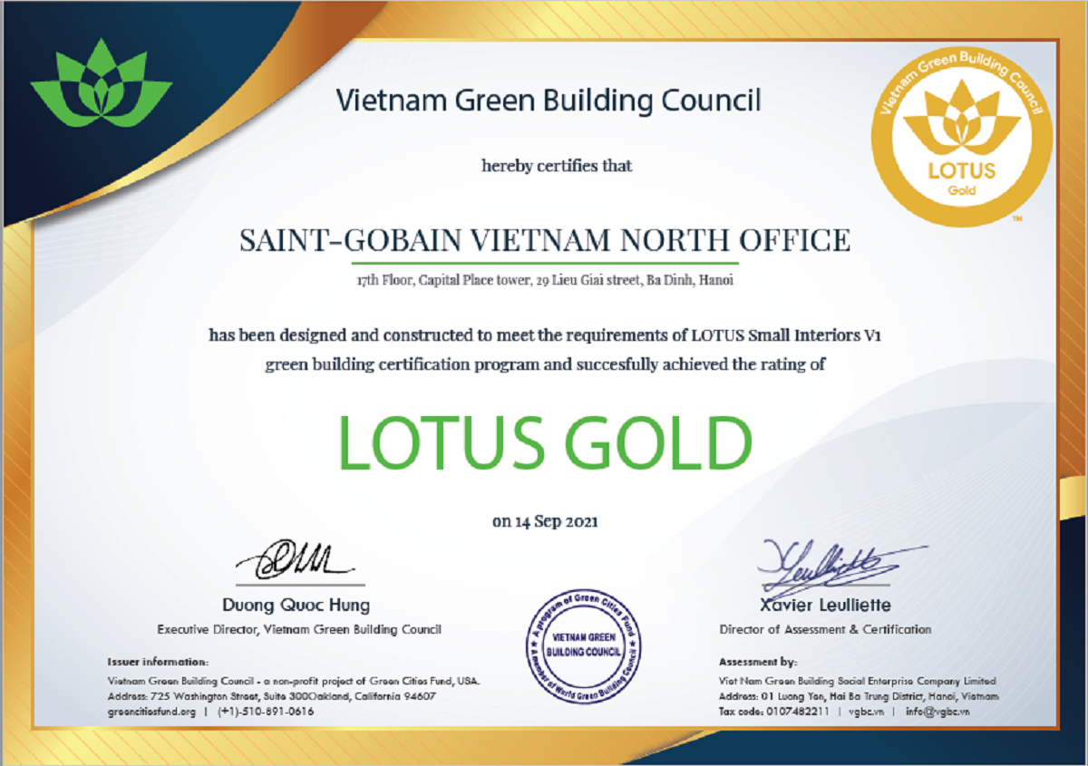 Văn phòng Saint-Gobain Việt Nam đạt chứng nhận Công trình Xanh LOTUS Gold